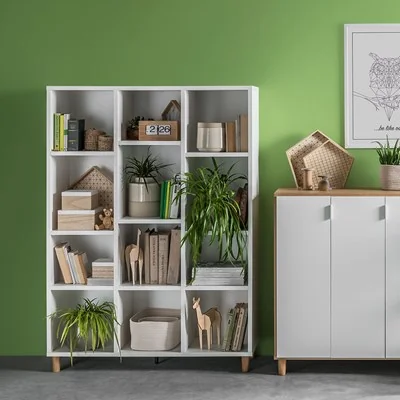 Simple white and oak effect low bookcase from vox