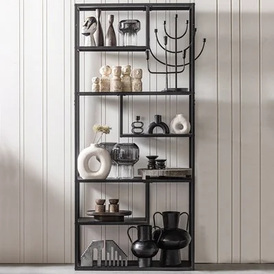 Teun black shelving unit from woood with home accessories