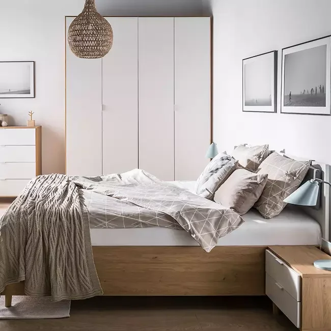 Vox simple bed frame in oak effect and white