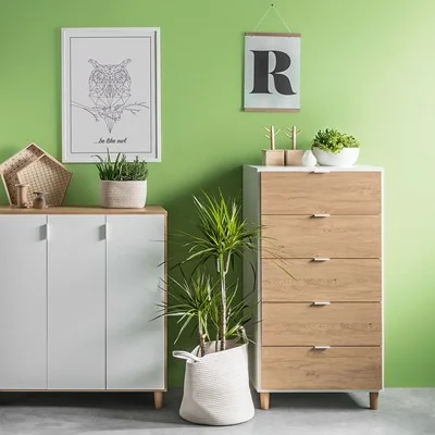 Vox simple narrow chest of drawer in white and oak effect