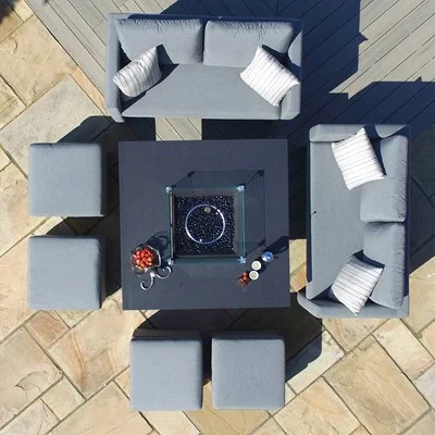 Weatherproof cushioned outdoor dining set with fire pit table