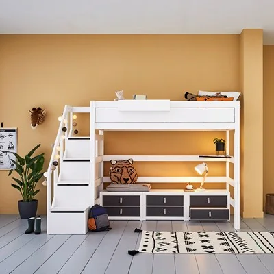 White high sleeper bed with steps and storage cabinet