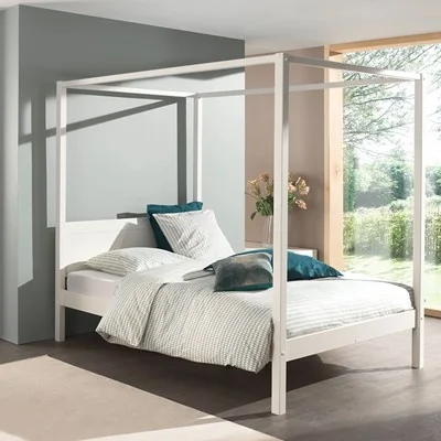 White pino four poster double bed