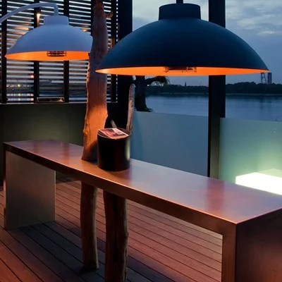 White and black heatsail pendant lights and heater lamps