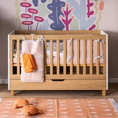 White and oak cot bed with full length storage drawer