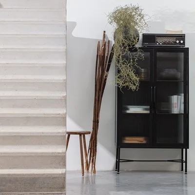 Zion sleek black metal cabinet with ribbed glass doors