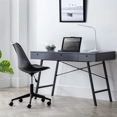 Trianon grey desk roomset less cluttered with chair