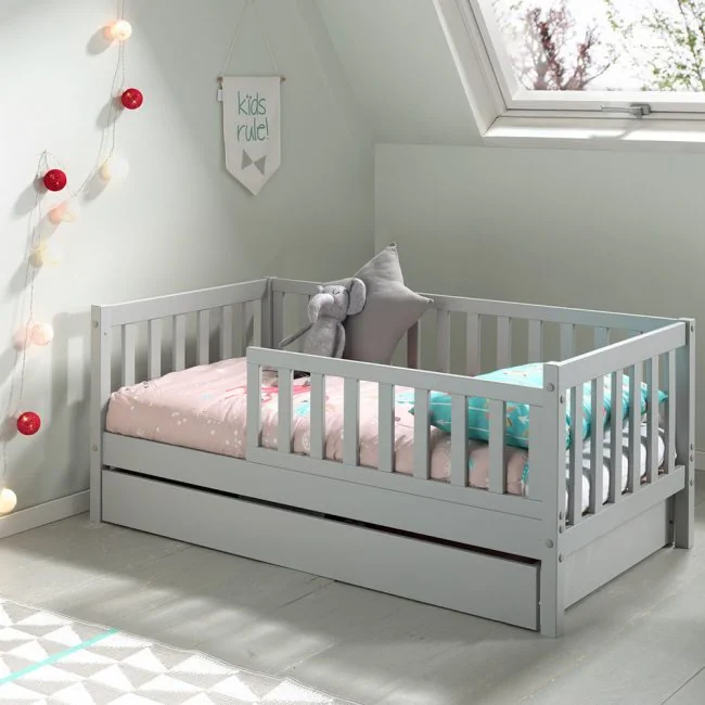 Classic-Toddler-Bed-with-Storage-Drawer-in-Grey
