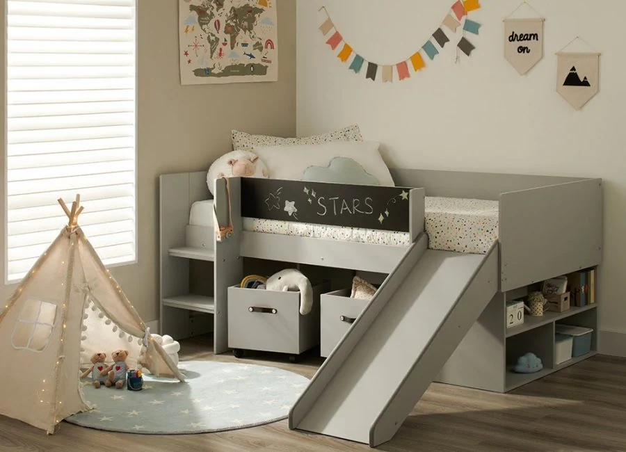 Maxxi-Grey-Kids-Bed-with-Slide-and-Chalkboard-Front
