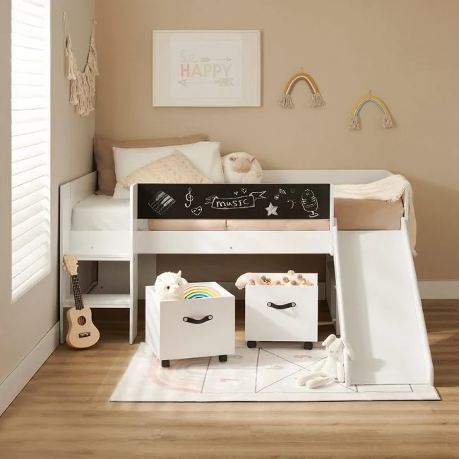 Maxxi-Cabin-Bed-with-Slide-in-White-with-Storage-Boxes-and-Shelves