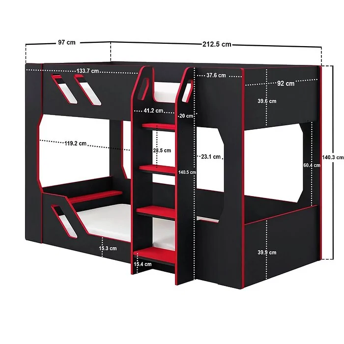 Dimensions diagram: Recoil Shuttle Gaming Bunk Bed Black & Red