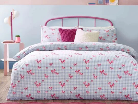 Heya Home Gingham Bows Duvet Cover Set Reversible Polycotton