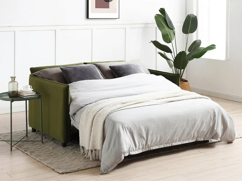 Kyoto Blaire 2 seater sofa bed in olive green velvet with black legs