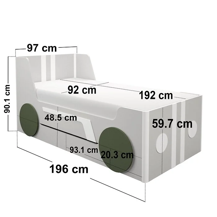 Dimensions diagram:  Flair Cooper Single Car Bed with Drawers Grey