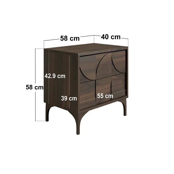Dimensions diagram: SOLACE+CO Leon Geometric Bedside Table Walnut