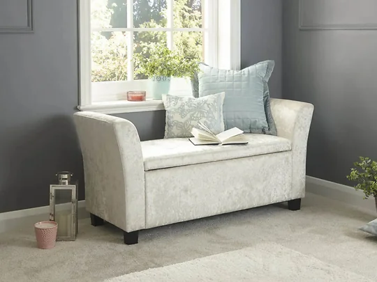 Velvet window seat with storage compartment