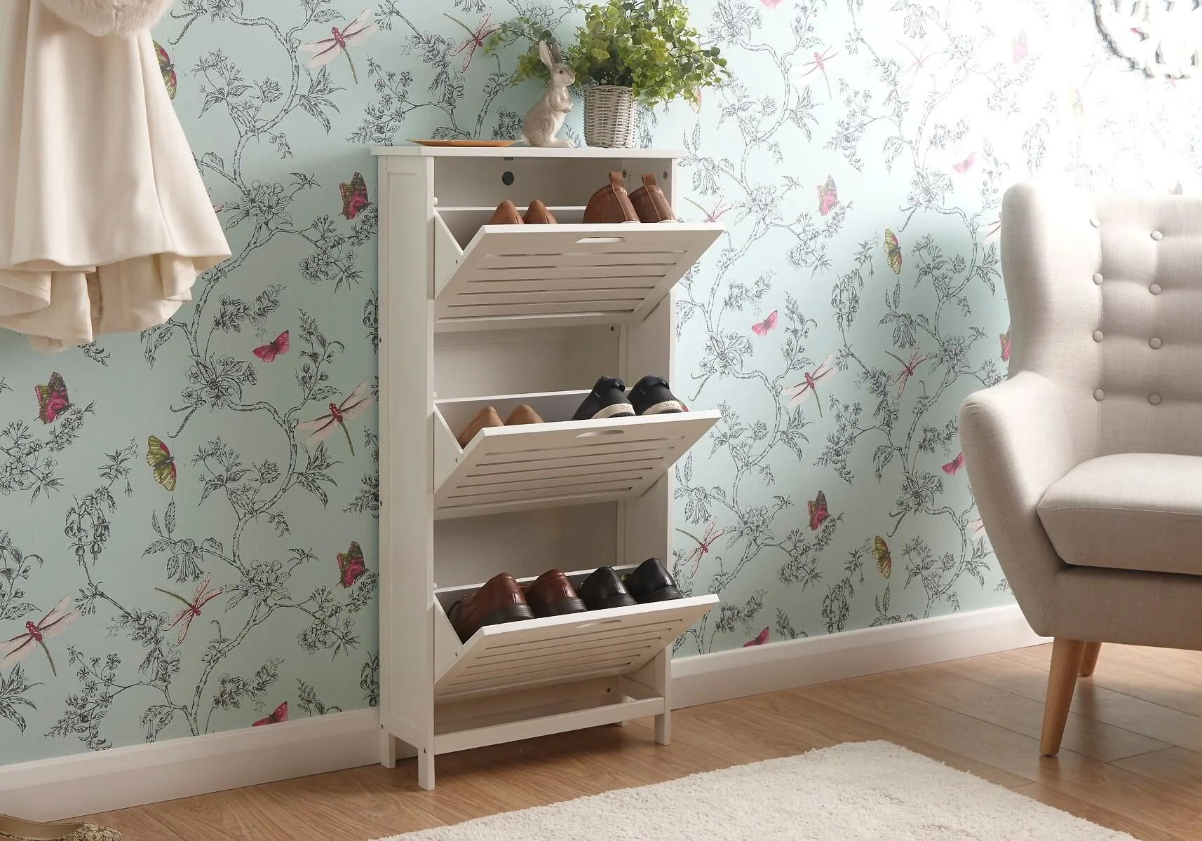GFW Bergen three tier slim shoe cabinet with flip down compartments and slatted front design