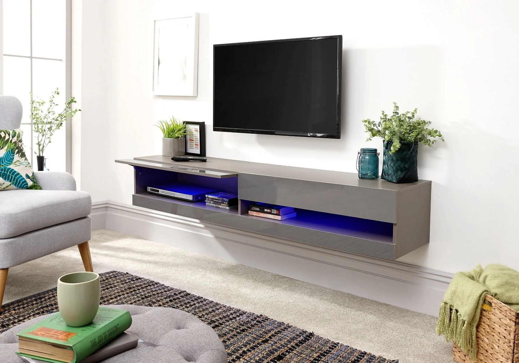 GFW Galicia wall mounted TV unit with LED light and high-gloss finish