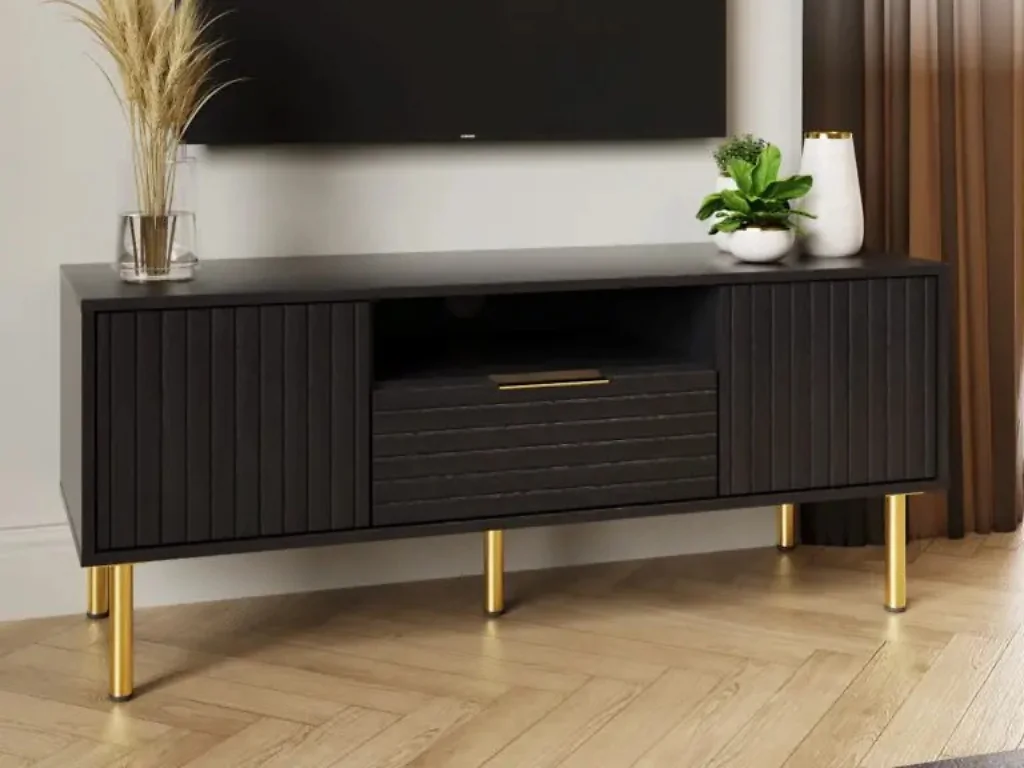 GFW Nervata TV unit with drawer cupboards open shelf and cable management black gold or oak finish