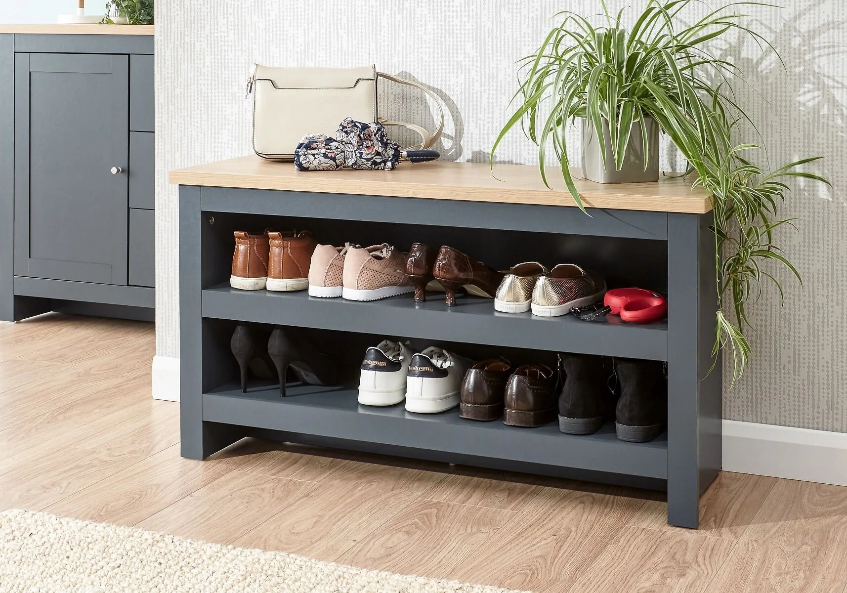 GFW Lancaster shoe storage bench with oak-effect top