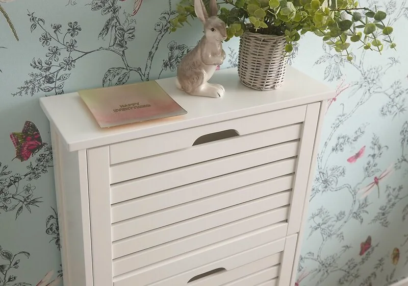 Three tier shoe cabinet with slatted front