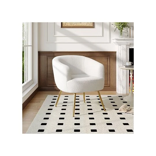 Living & Home White Teddy Fabric Armchair with Metal Legs