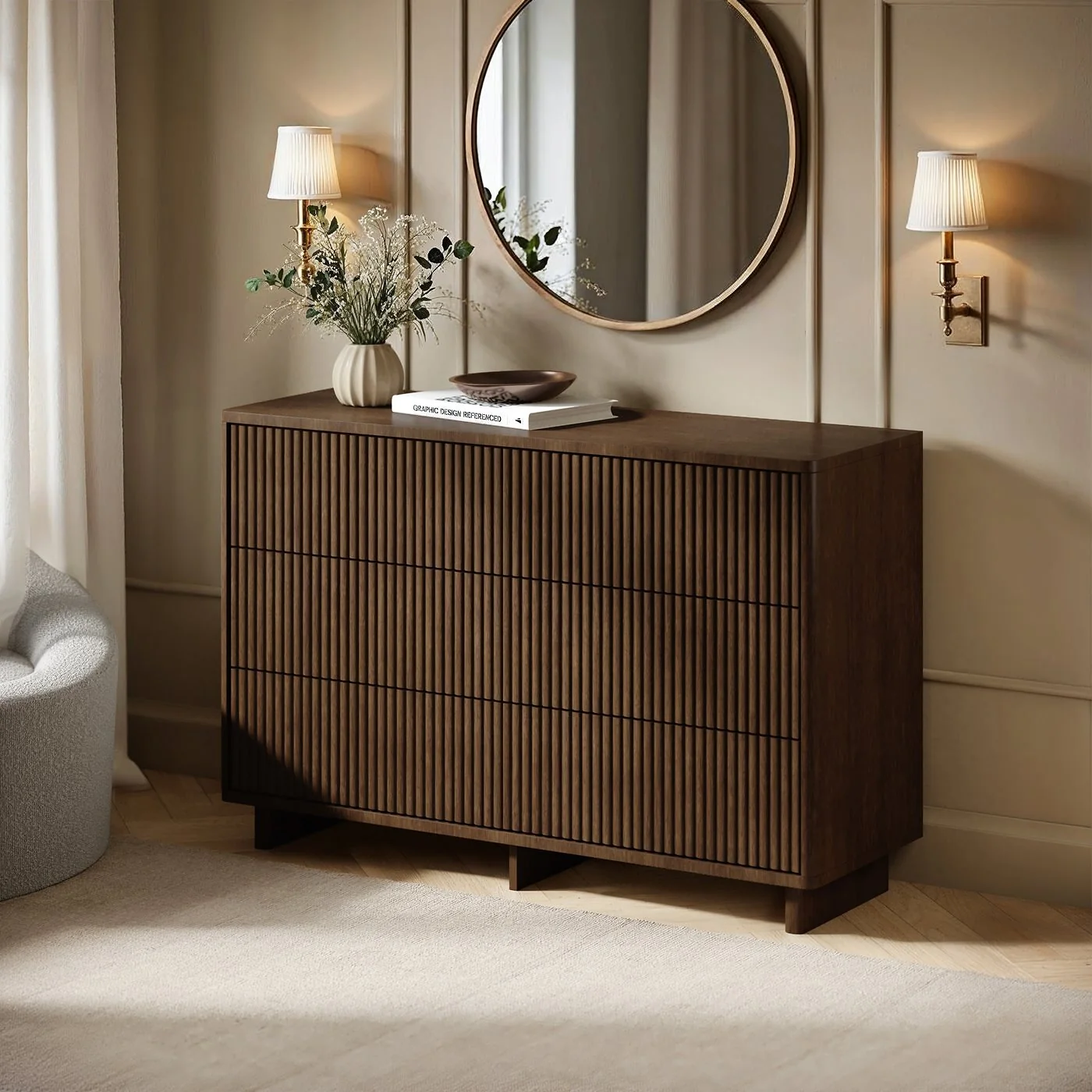 SOLACE+CO Velmor Ribbed Chest of 6 Drawers Walnut image 2