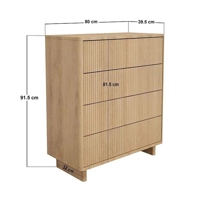 Dimensions diagram: SOLACE+CO Velmor Ribbed Chest of 5 Drawers Oak