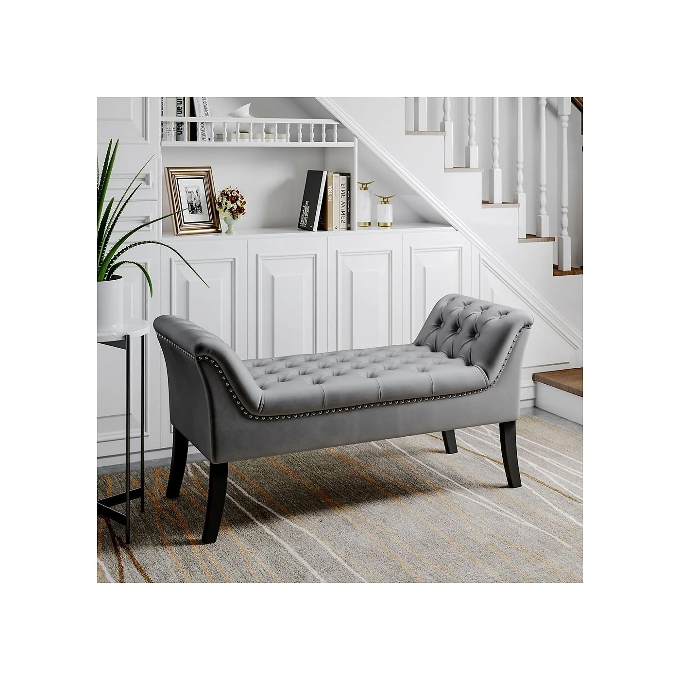 Living & Home Grey Armed Velvet Buttoned Bed Bench image 2