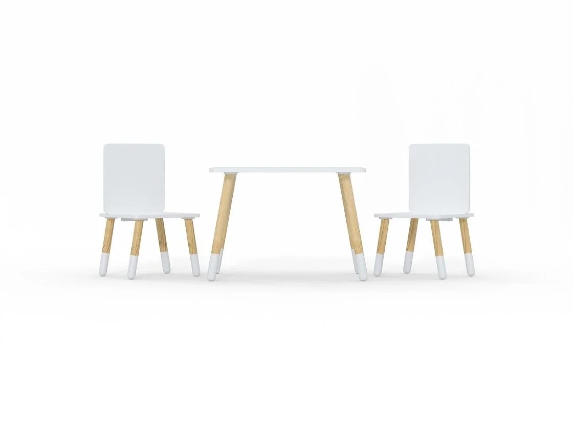 White Kidsaw toddler table and chairs with natural wooden legs