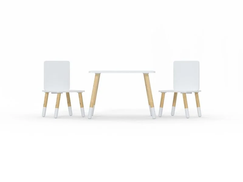 White Kidsaw toddler table and chairs with natural wooden legs