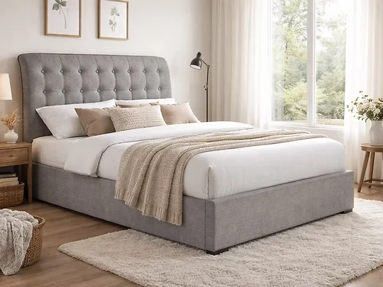 Time Living Hamilton fabric upholstered bed frame with curved buttoned headboard