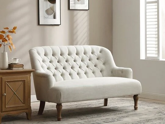Kyoto Bianca cream linen mix 2 seater chair with tufted back and washed wood legs