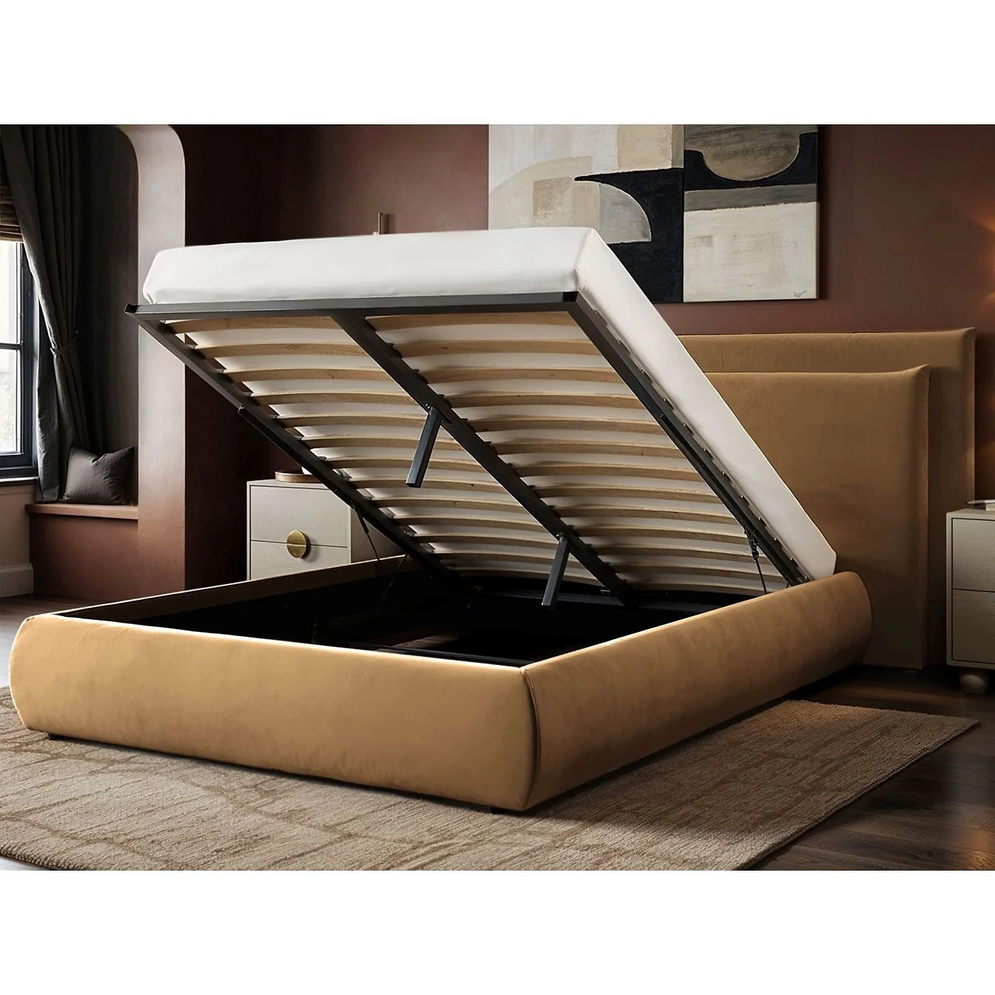 SOLACE+CO Sigrid Ottoman Storage Bed with Cushion Headboard Sand Velvet image 2