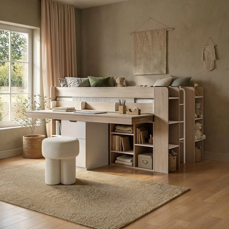 Flair Micah Mid Sleeper Bed with Pull-Out Desk & Storage Oak & White image 2