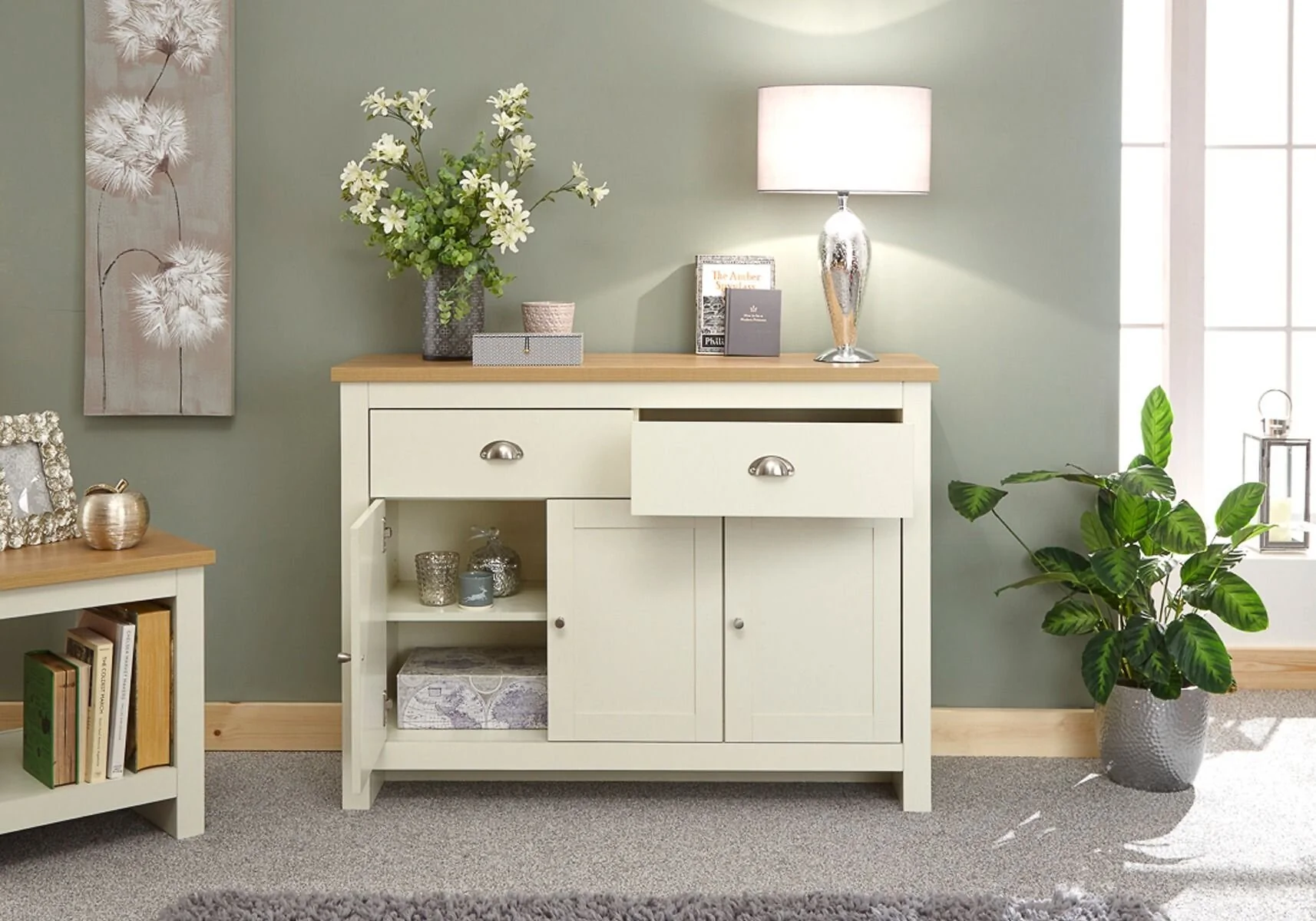 GFW Lancaster large sideboard with 3 doors 2 drawers oak effect top grey and cream storage cabinet