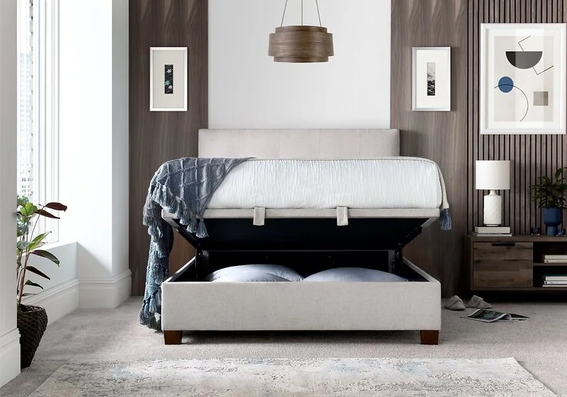 Kaydian Walkworth fabric ottoman storage bed in Maskat Clay with button headboard