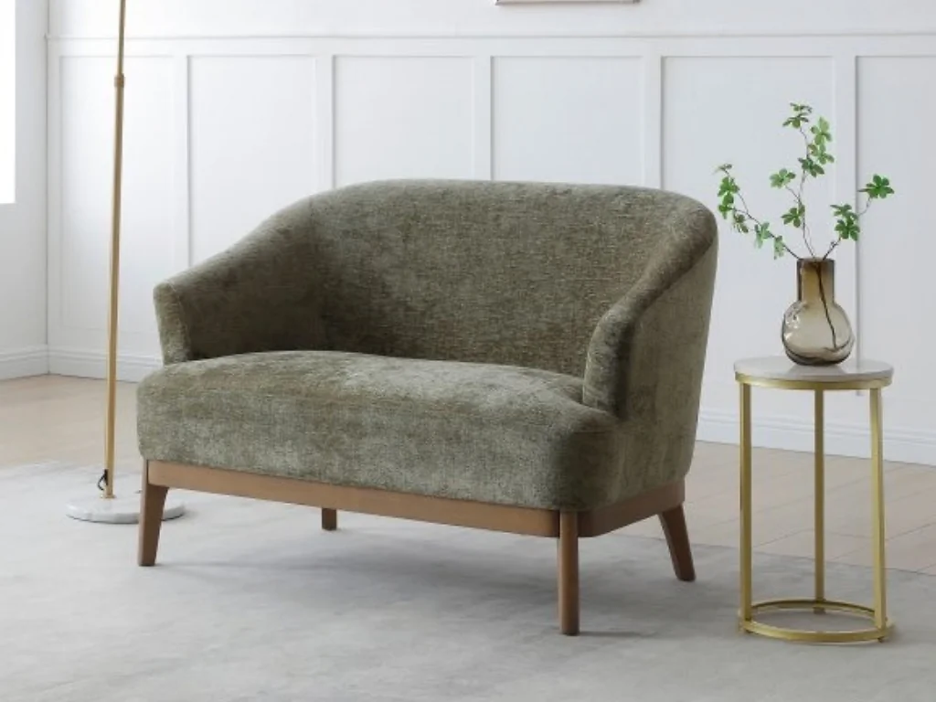 Kyoto Ella tub-style two-seater chair with chenille upholstery and antique wood plinth
