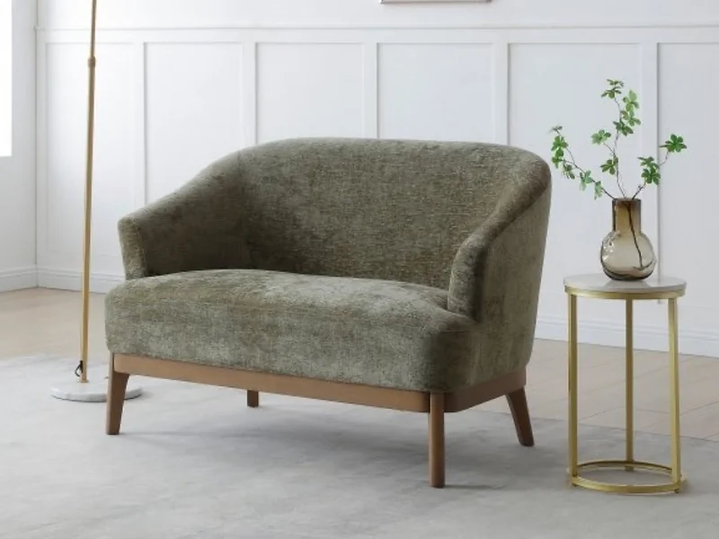 Kyoto Ella tub-style two-seater chair with chenille upholstery and antique wood plinth