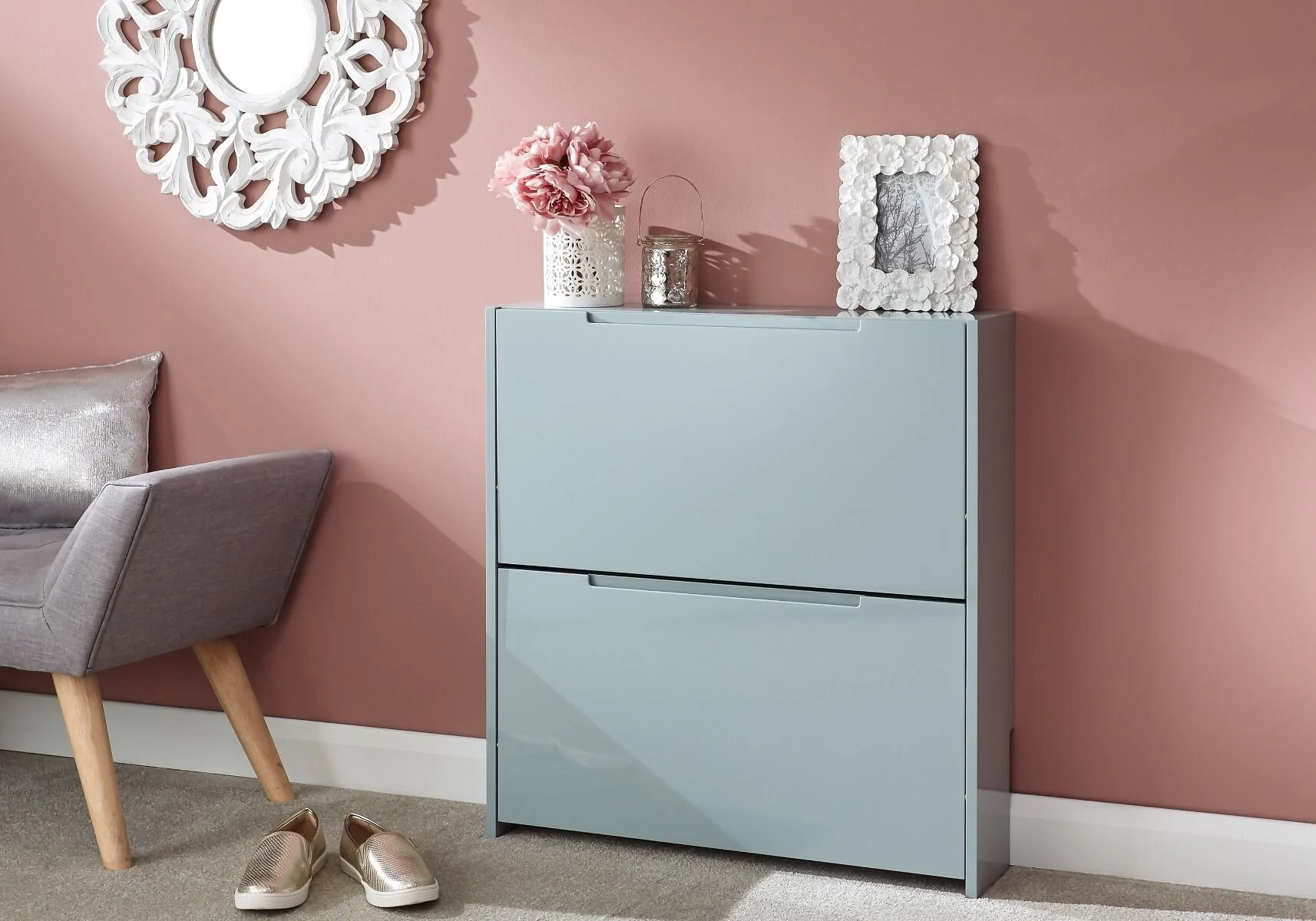GFW narrow 2 tier shoe cabinet in grey high-gloss finish