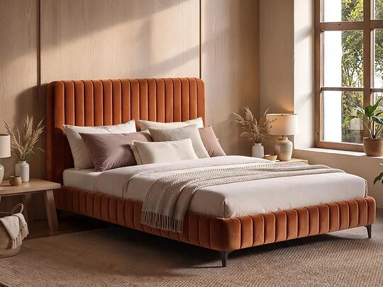 SOLACE+CO Adelaide Beige velvet lined upholstered bed frame