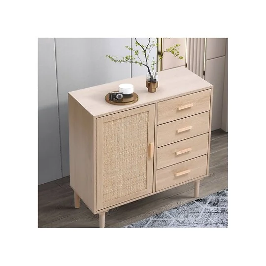 Living & Home Direct Wood and Rattan Accent Side Cabinet