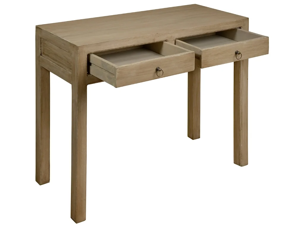 Kyoto Brodie wooden console table with two drawers  brass-style handles and a warm natural finish.