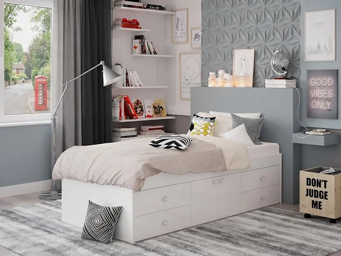 White single cabin bed with four drawers and central cupboard