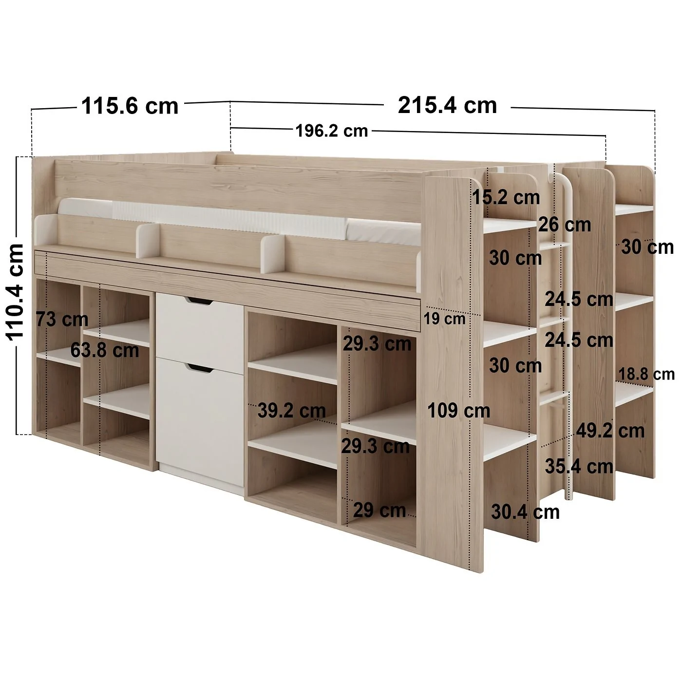 Flair Micah Mid Sleeper Bed with Pull-Out Desk & Storage Oak & White image 4