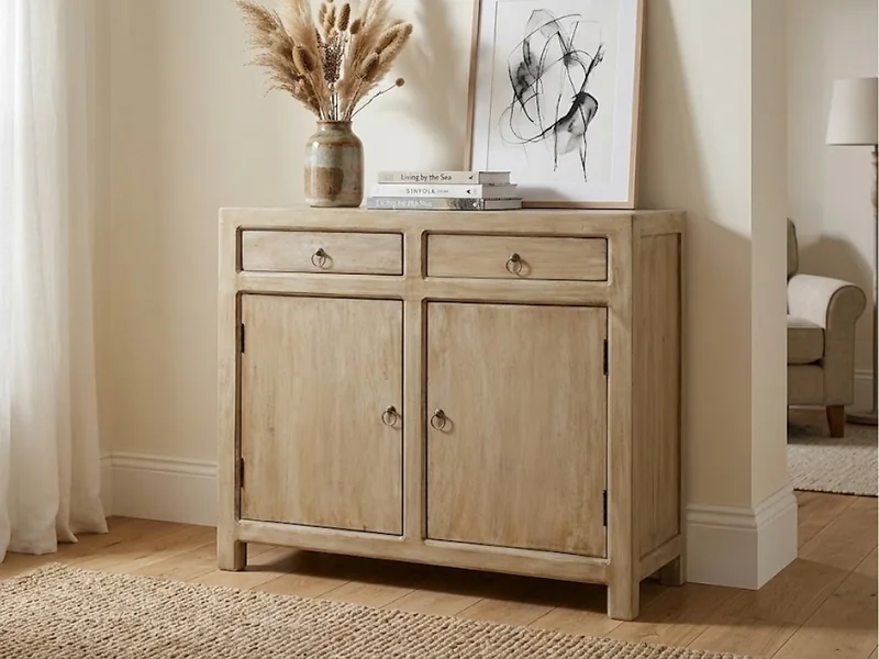 Kyoto Brodie solid wood sideboard with two doors  two drawers and brass-style handles.