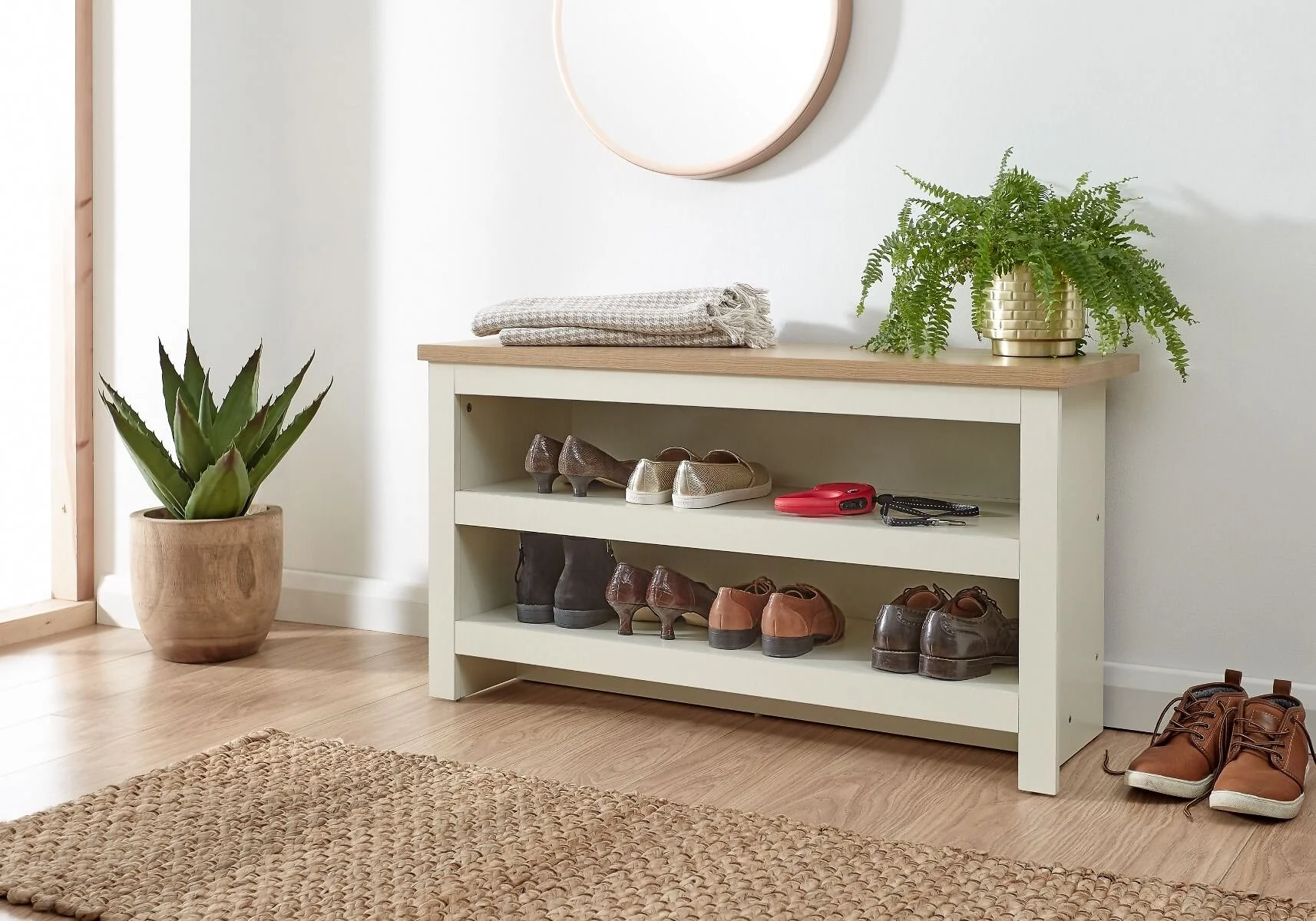 GFW Lancaster shoe storage bench with oak-effect top