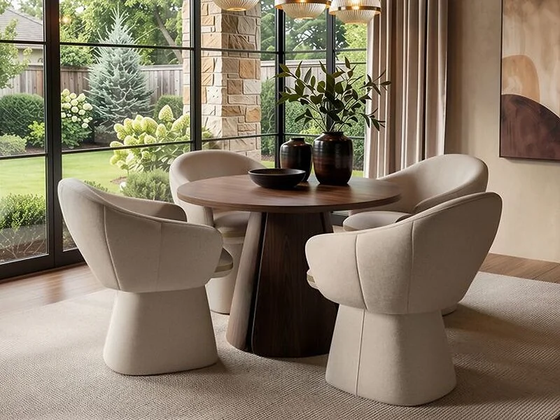 Ebony walnut-effect dining table with four beige Sylvia chairs