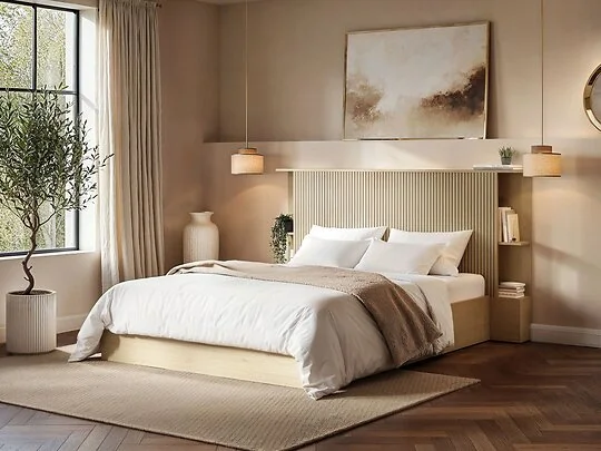 Solace+Co Zora Ottoman Bed with Headboard Shelves Oak