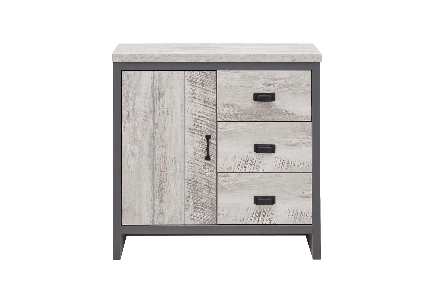 Compact grey storage cabinet with cupboard and three drawers